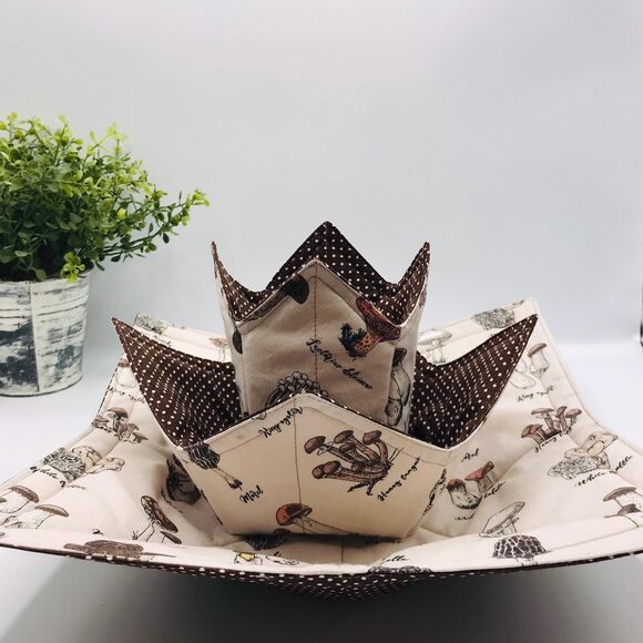3 Piece Set of Microwave Cozies, Reversible Neutral Mushrooms, Plate, Bowl, Pint - Picture 4 of 9
